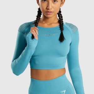 NWT Gymshark Flawless Knit Long Sleeve Exercise Crop Top, Sea Blue, XS